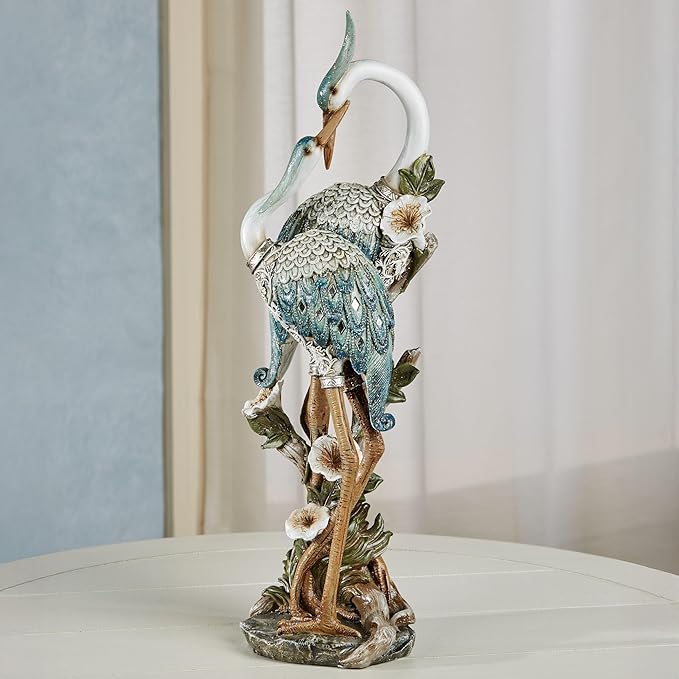 Devoted Cranes Table Sculpture Teal - Made of Resin Coastal Crane Shorebirds - Glitter Accents - Bird Statue - Flowers, Vining Leaves Base - Measures 5 Inches Wide, 16 Inches High