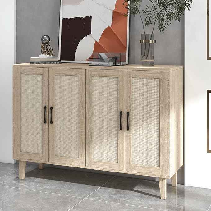 Panana Buffet Storage Cabinet with Rattan Decorating 4 Doors Living Room Kitchen Sideboard 48.43 x 34.65 x 15 inch (Natural Wood)