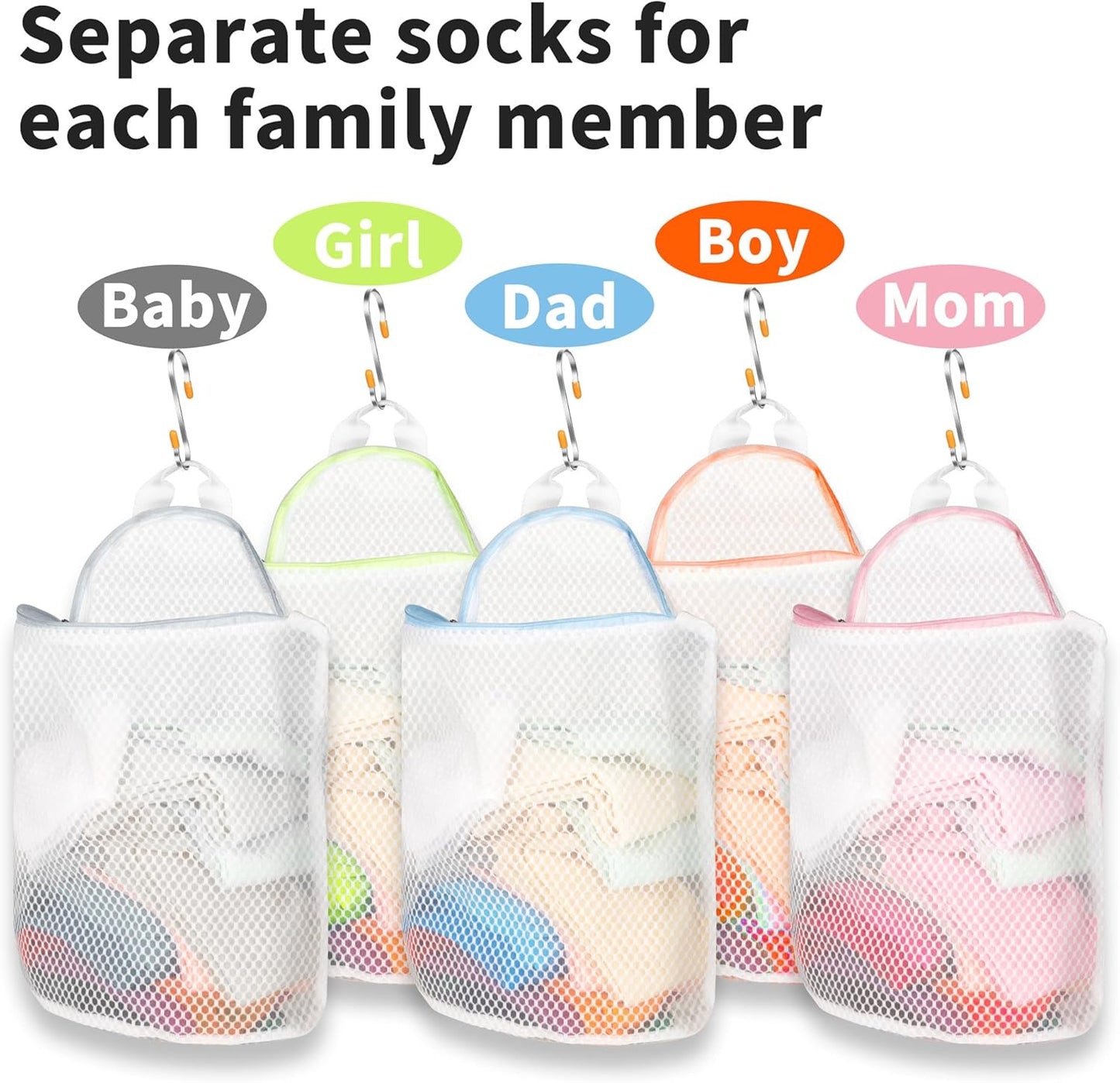 5Pcs Hanging Laundry Bags for Socks with S Hooks, 5 Color Mesh Laundry Bags for Washing Machine