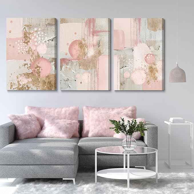 3Pcs Framed Pink and Gold Canvas Wall Art Abstract Posters Print Geometric Pictures Decor for Living Room Bedroom Bathroom Home Decoration