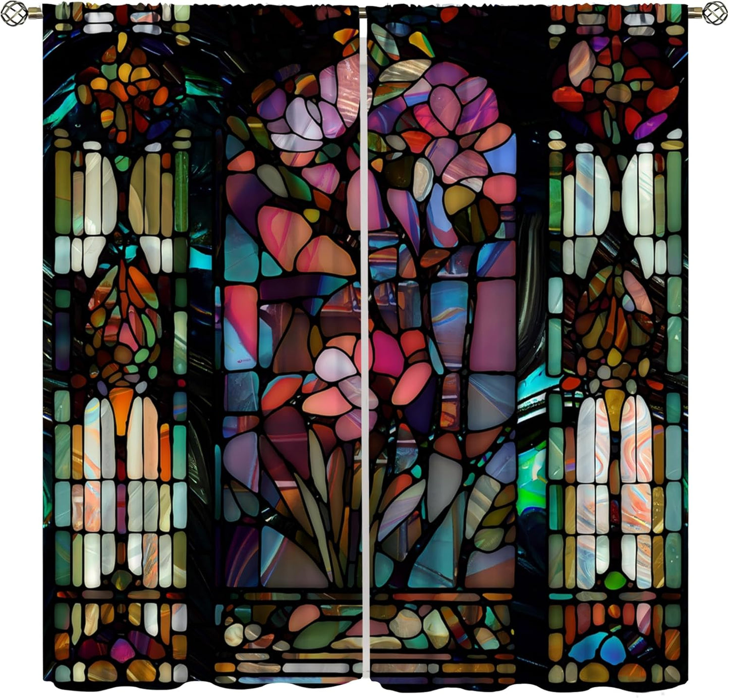 Stained Glass Curtains,Vintage Colorful Abstract Art Home Decor Drapes for Bedroom Living Room Kitchen Window Treatment 2 Panels Set Total Size 42" W X 63" L Inch