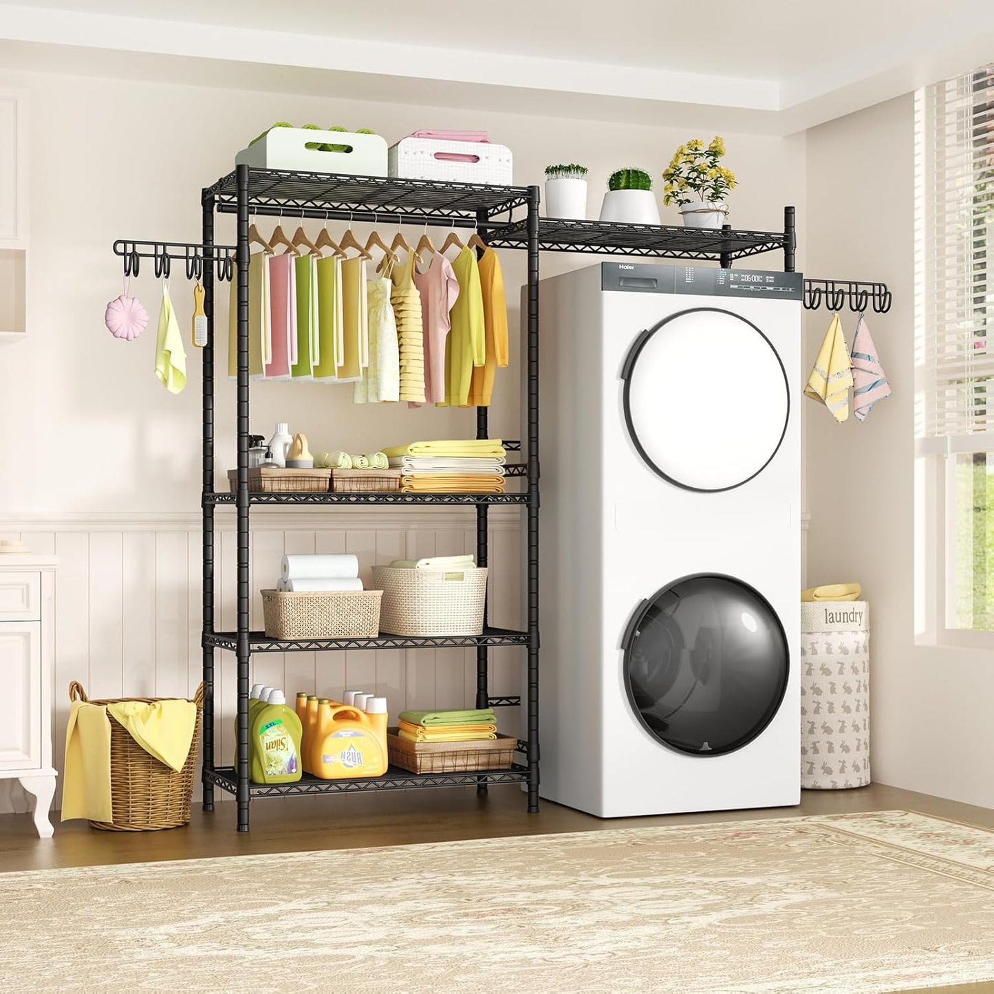 Ulif U5 Over the Washer and Dryer Storage Shelf, Laundry Room Space Saver Bathroom Storage and Organizer Rack for Hanging Towels and Drying Clothes with 5 Wire Shelves, 58.2"W x 13.4"D x 77.5"H, Black