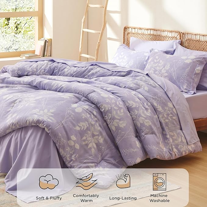 Bedsure Twin Comforter Set - 5 Pieces Floral Lavender Soft Bedding Sets, Twin Bed in a Bag with Botanical Flowers Comforter, Sheets, Pillowcase & Sham