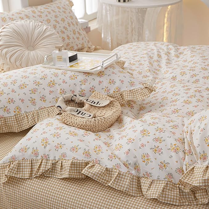 French Style Ruffle Floral Comforter Set Twin XL Vintage Garden Floral Bedding Comforter Reversible Yellow Plaid Bedding Set Rose Flowers Botanical Comforter Set with 2 Pillowcases for All Season