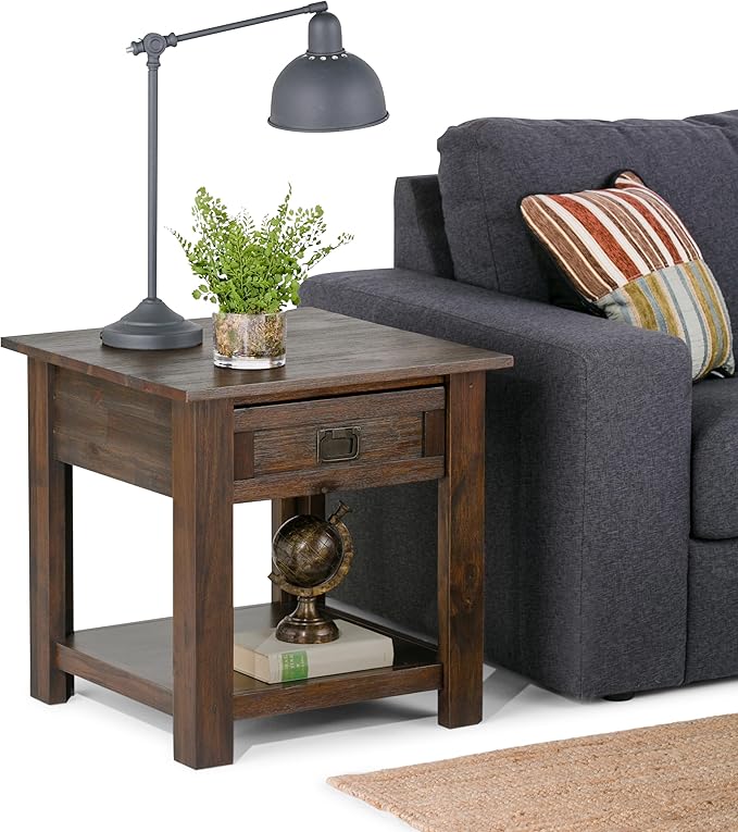 SIMPLIHOME Monroe End Table - 22 inch Wide Solid Acacia Wood Side Table in Distressed Charcoal Brown, Rustic Accent Table for Living Room or Bedroom with Drawer and Shelf