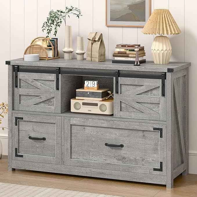 Vabches Lateral File Cabinets 2 Drawer with Sliding Barn Doors, Farmhouse Filing Cabinet with 2 Drawer for Home Office，Filing Organization Storage Cabinets for Hanging Files Letter/Legal/F4/A4