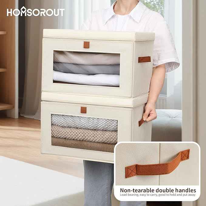 Foldable Decorative Organizers with Clear Windows & Handles, Collapsible Decorative Boxes with Lids, Fabric Containers for Living Room, Dorm, Beige