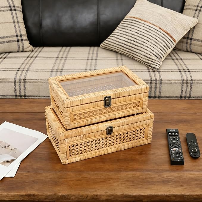 Rattan and Cane Stacking Boxes with Glass Top Lid - Set of 2 for Boho, and Rustic Farmhouse Decor