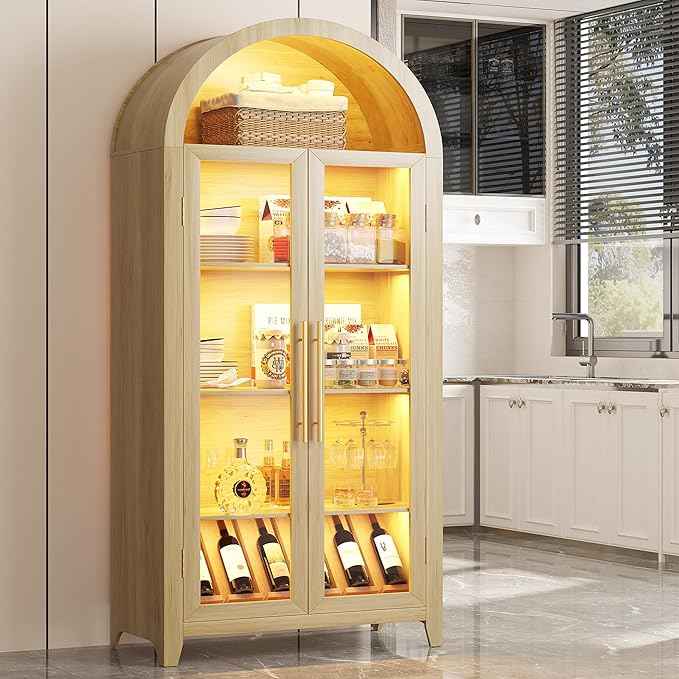Vlsrka 71" Arched Storage Cabinet with Doors, Display Cabinet with LED Light & Human Sensor, 5-Tier Display Cases for Collectibles, Curio Cabinet with Ajustable Shelf for Living Room
