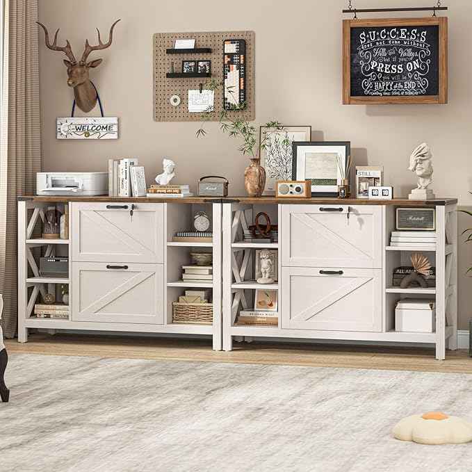 Vabches File Cabinet with 2 Drawers, Farmhouse Lateral File Cabinet Fits Files Letter/A4/Legal Size, Wooden Filing Cabinet with 4 Adjustable Shelves Printer Stand for Home Office, Rustic White