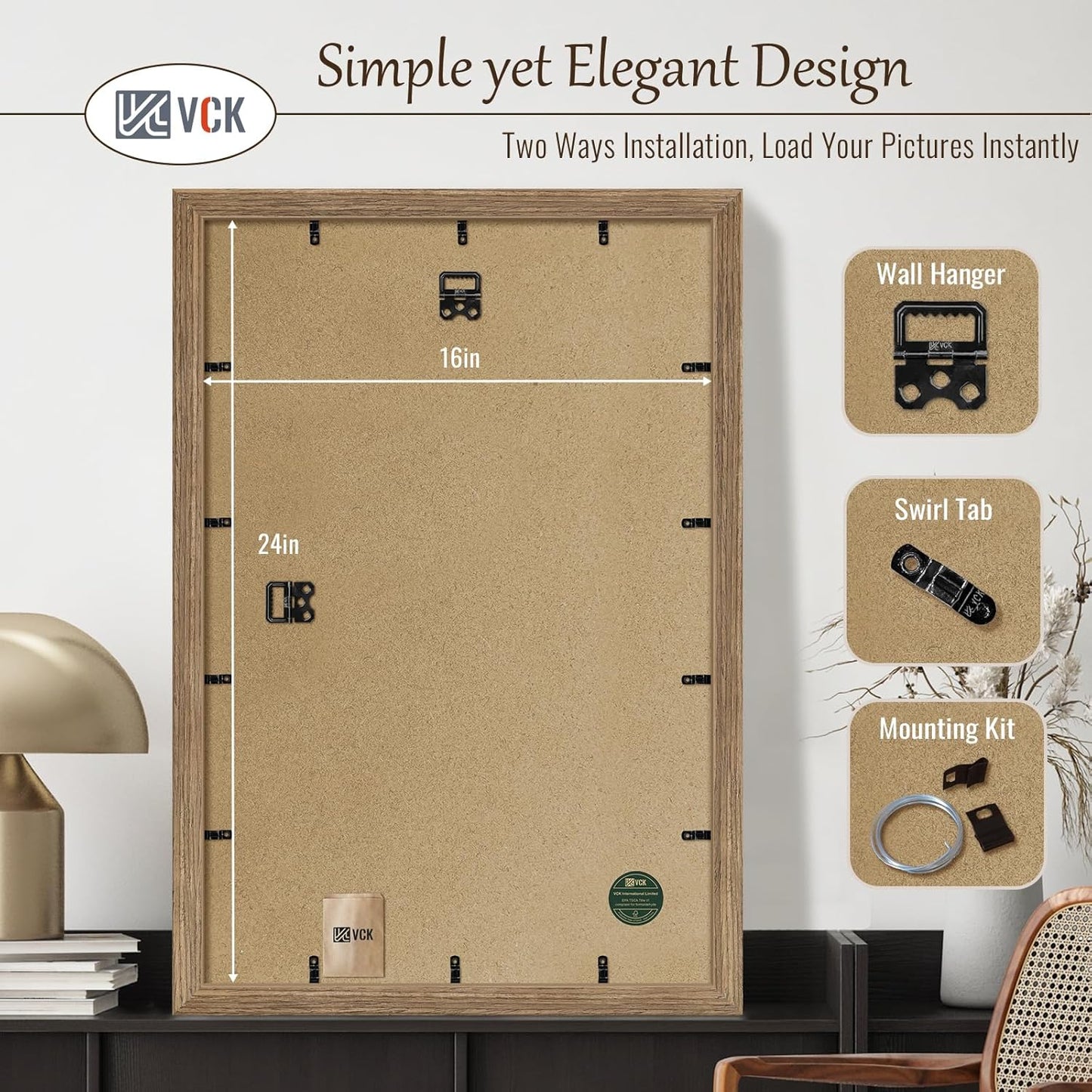 VCK 16x24 Frame 3 Pack - Brown Walnut, Natural Textured Solid Wood Poster Picture Frame, Wall Mounting Hanging