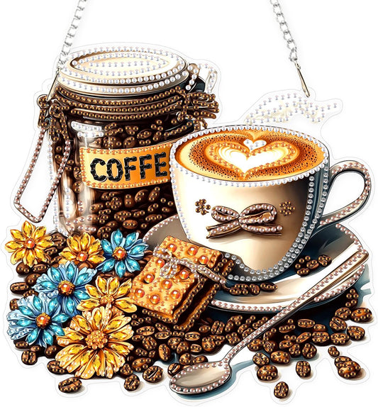 Lxmsja DIY Coffee Beans Diamond Painting Hanging Ornament, Double-Sided Acrylic Flowers Diamond Art Kit, Special Shaped Drill Pendant Window Art Kit, Suncatcher Hanging Craft Decoration 8x8 inch