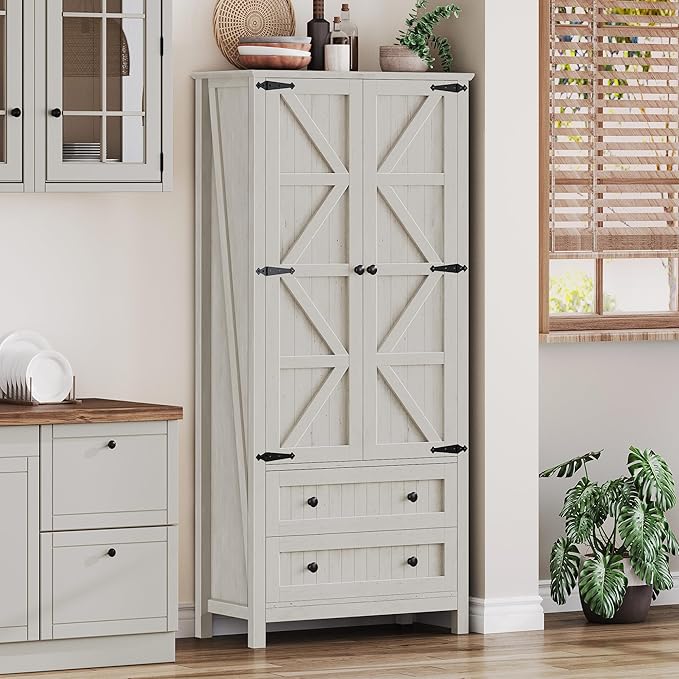 DWVO 64.5" H Kitchen Pantry Cabinet, Storage Cabinet with Barn Doors, 2 Drawers and Adjustable Shelves, Farmhouse Cupboard for Dining Room, Living Room, Bathroom, Off White