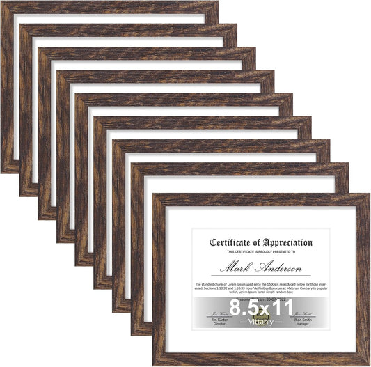 Vittanly 8.5x11 Picture Frames Set of 9, Shatter Resistant Plexiglass, Display 6x8 Pictures with Mat or 8.5x11 without Mat, Photo Frames for Wall or Tabletop, Engineered Wood, Brown