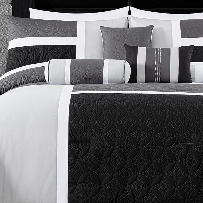 Chezmoi Collection Upland 7-Piece Quilted Patchwork Comforter Set, Black/Gray/Light Gray, Queen