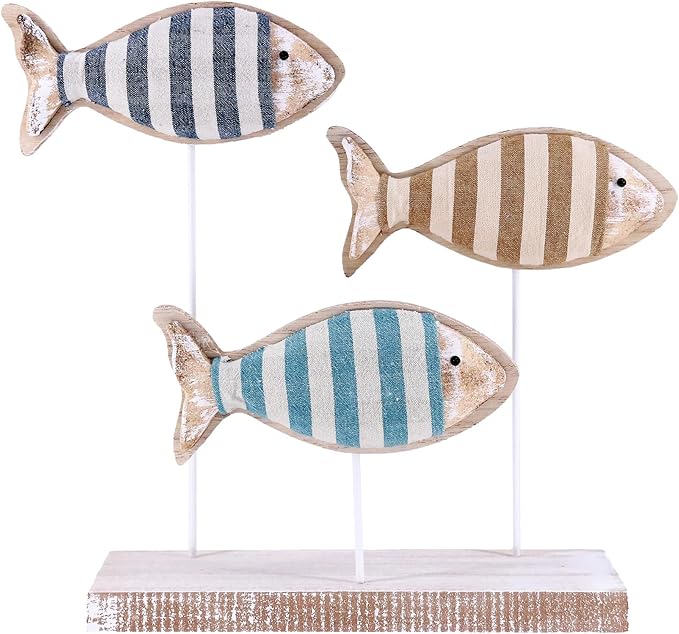 Wooden Fish Figurines with Jute Rope and Cotton String, Fish Sculpture Statues for Home Decoration, Table Top Nautical Decor for Living Room, Bedroom, Beachhouse Home Decor (StripedFish-3)