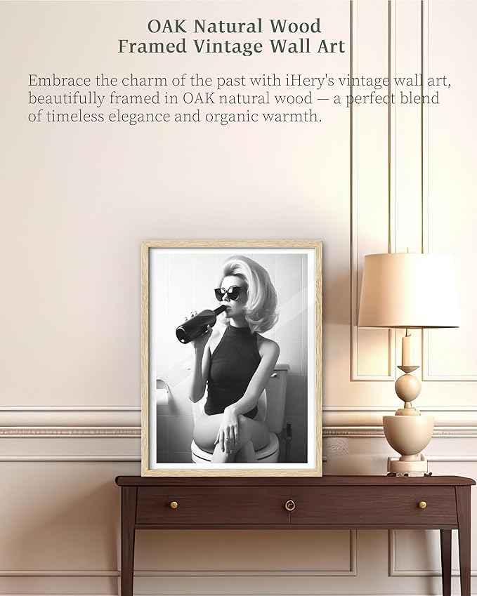 iHery Natural Wood Framed Woman On Toilet Drinking Wine Wall Art, 12x16in OAK Frame Black and White Funny Print, Alcohol Bathroom Poster, Retro Fashion Wall Decor Set of 1