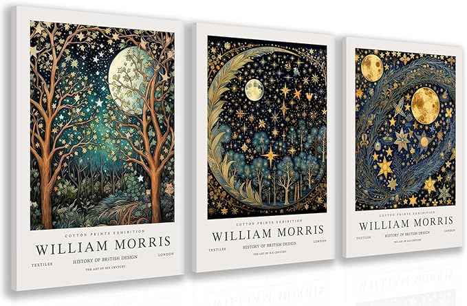 Hianan William Morris Framed Canvas Wall Art, Vintage Gold Moon Stars Poster Prints, Many Dreamlike Stars Wall Decor, Retro Botanical Aesthetic Picture for Bedroom Living Room Office 12"x16"x3