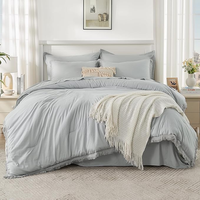 Andency Light Grey Full Size Comforter Set with Sheets - 7 Pieces Boho Tassel Bed in a Bag Soft Lightweight Bedding Sets, Light Grey Fringe Bed Set with Comforter, Sheets, Pillowcases & Shams