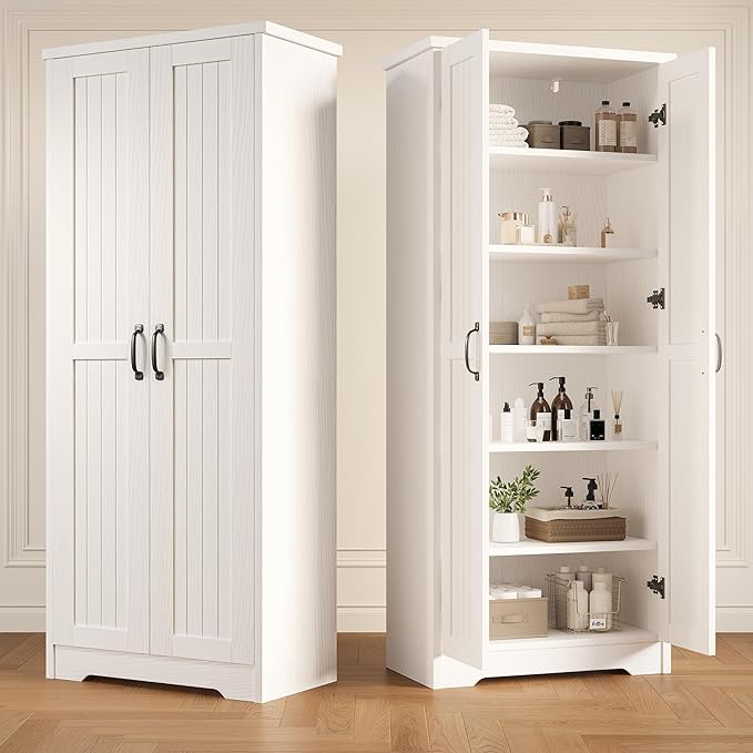 70" Tall Storage Cabinet, Large Wood Storage Pantry Cabinet with 6 Adjustable Shelves & 2 Doors, Standing Utility Storage Cabinets for Kitchen, Bathroom, Dining Room (Soft White)