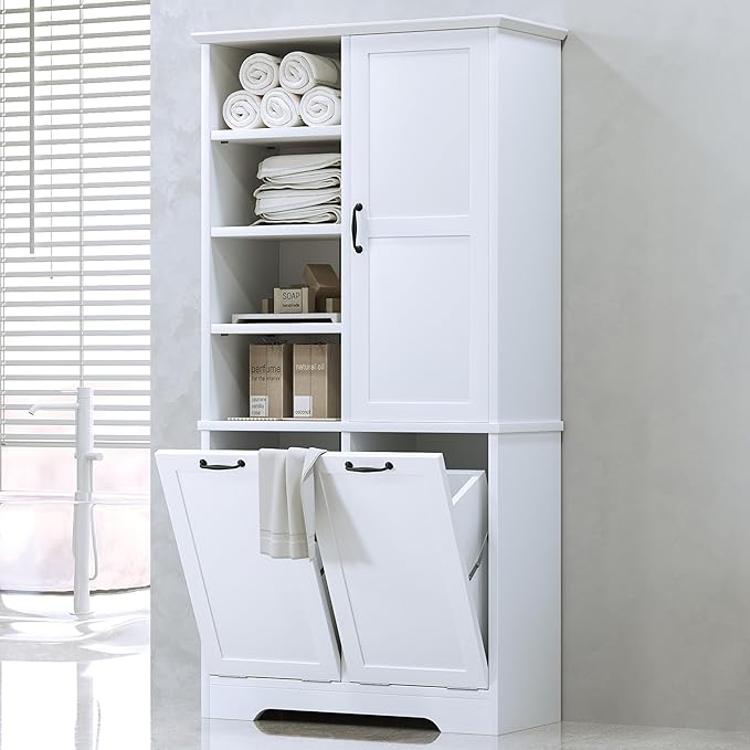 68" Tall Bathroom Storage Cabinet with Two Doors and Two Laundry Hampers for Home Display Organizer, Adjustable Shelf, White