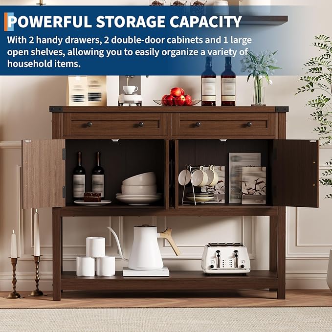 47" Buffet Sideboard Cabinet with 2 Drawers & 4 Barn Doors, Large Farmhouse Kitchen Wood Coffee Bar Cupboard Cabinet, Barn Doors Console Table for Kitchen, Dining Room, Living Room, Entryway, Brown