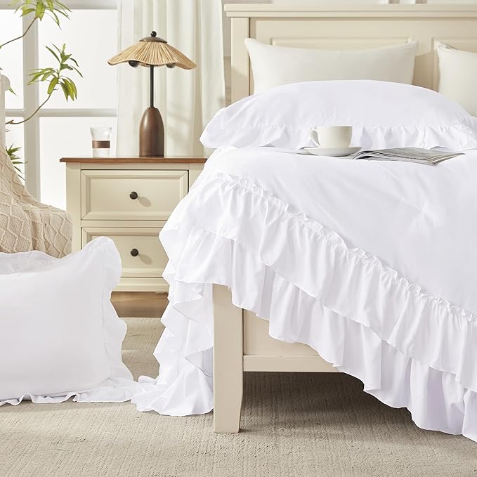 Andency White Ruffle Comforter Set King, Shabby Chic Farmhouse Bedding Comforter, Soft Lightweight Fluffy Microfiber Bet Set All Season 3 Pieces Solid Comforter Set