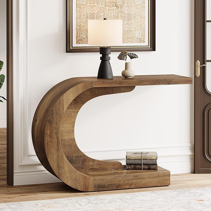 Tribesigns 43.3" Mid-Century Modern Console Table for Entryway, Wood C-Shaped Hallway Entry Accent Table for Living Room, Entrance, Foyer, Easy Assembly, Brown