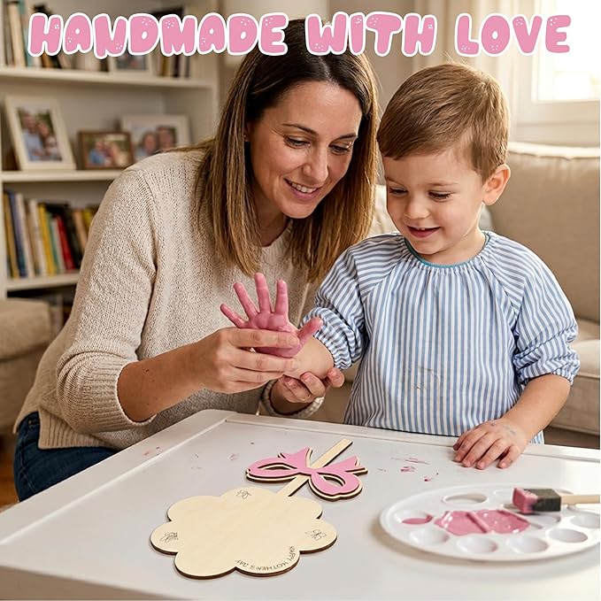 HYPERI DIY Mothers Day Crafts for Kids Handprint Art, Handprints Wooden Rose Flower Bouquet, Mothers Day Gifts for Mom from Kids, for Grandma from Grandkids, Mothers Day Keepsake Craft (Ribbon)