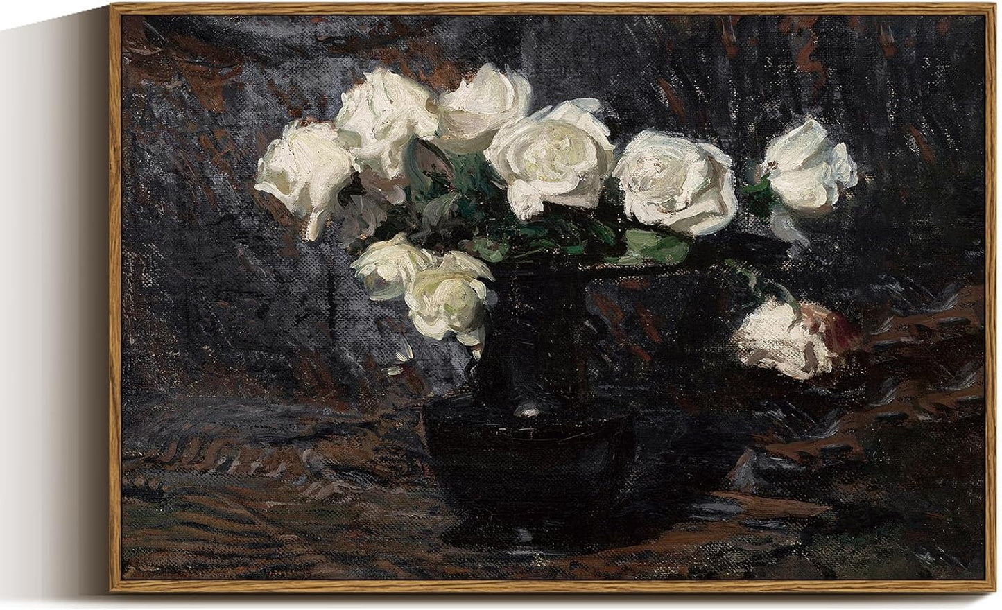 VIYYIEA Framed Canvas Wall Art Home Decor Vintage Botanical Print White Roses in Vase Rustic Farmhouse Flower Wall Decor Mid Century Pictures Decor Art Prints Floral Room Decor for Living Room 16x24in