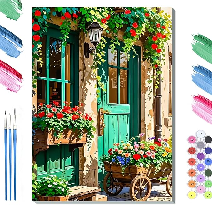 Paint by Numbers Kit for Adults Framed, European Cottage Door with Blooming Roses, DIY Oil Painting, Pre-Printed Canvas Wall Art Home Decor Gift, 20x24inch Framed, 24 Colors