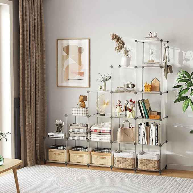 AWTATOS Cube Storage Organizer, 16 Cube Closet Organizer, Stackable Storage Cube Shelves, DIY Portable Closet Clothes Organizer Shelving for Bedroom, Closet, Wardrobe, Bathroom, Translucent