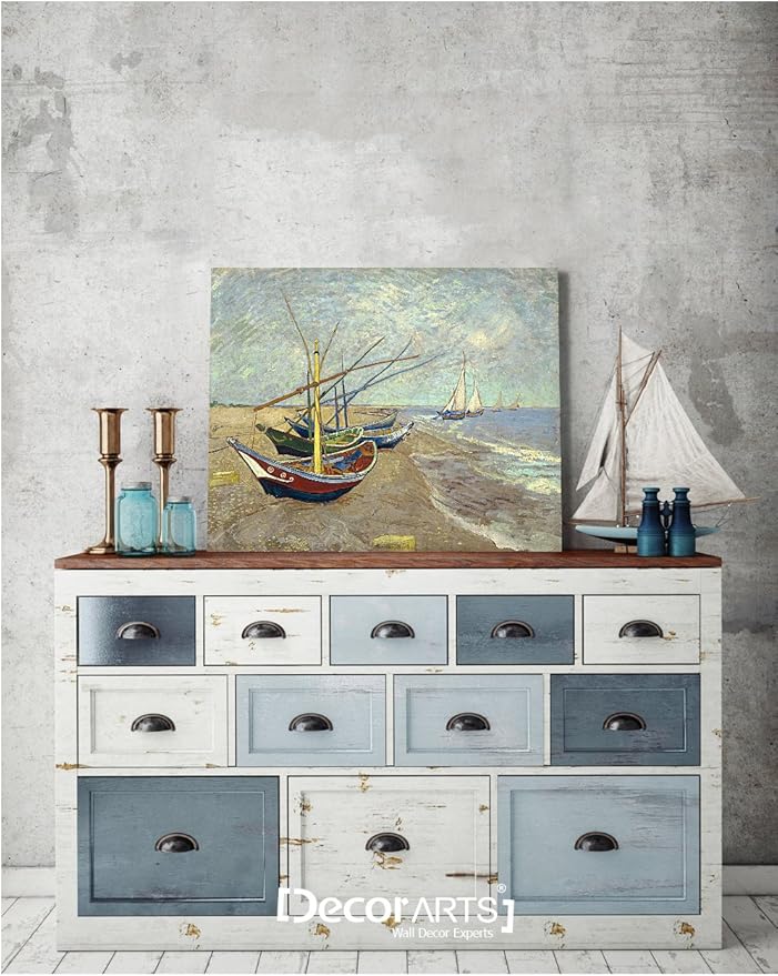 DECORARTS - Fishing Boats on the Beach by Vincent Van Gogh Art Reproduction. Giclee Canvas Prints Wall Art for Home Decor 20x16