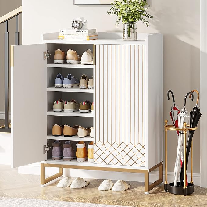 Tribesigns Shoe Cabinet with Doors, 5 Tiers Shoe Storage Cabinet for Entryway, 25 Pairs Wooden Shoe Cabinets, Modern Shoe Organizer Storage for Living Room, Bedroom, Hallway, Closet, White