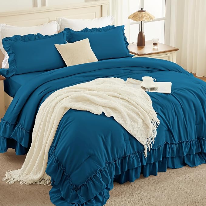 Andency Teal California King Comforter Set (104x96Inch), 3 Pieces Farmhouse Shabby Chic Ruffle Bedding Sets, Lightweight Fluffy Soft All Season Bed Set