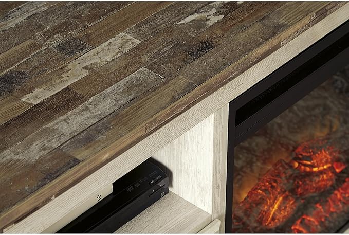 Signature Design by Ashley Entertainment Accessories Vintage 64" TV Stand with Electric Fireplace and LED Lights for TVs up to 72", Whitewash