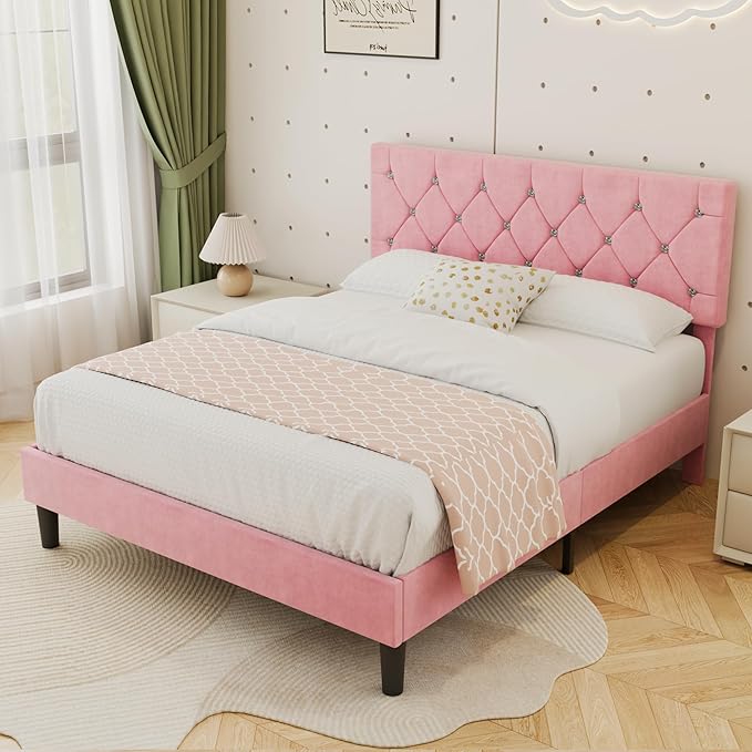 VECELO Full Size Bed Frame with Diamond Tufted Headboard, Upholstered Platform Bedframe with Wood Slat Support, No Box Spring Needed, Mauve Pink