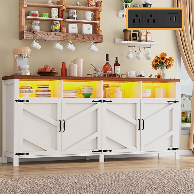 63'' Buffet Sideboard with Storage with Power Outlets & LED Light 4 Doors, Large Farmhouse Kitchen Storage Cabinet Wood Coffee Bar Cabinet Buffet Table for Kitchen, Dining Room, Entryway