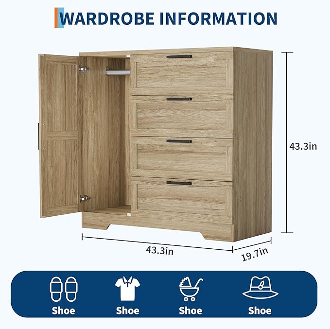 GarveeHome Wood Armoire Wardrobe Closet with 4 Drawers and Door, 43.3 in H Bedroom Wardrobe Cabinet with Hanging Rod, Clothing Storage Cabinets, 4 Drawers Dresser with Storage Closet, Natural Oak