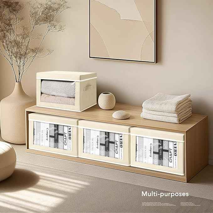 Storage Cubes with Lids - Foldable Clear Window Storage Bins, Large Decorative Storage Bins with Handles, Storage Containers for Clothes, Towel, Blanket, Sheet, Beige 5 Pack & 4 Pack