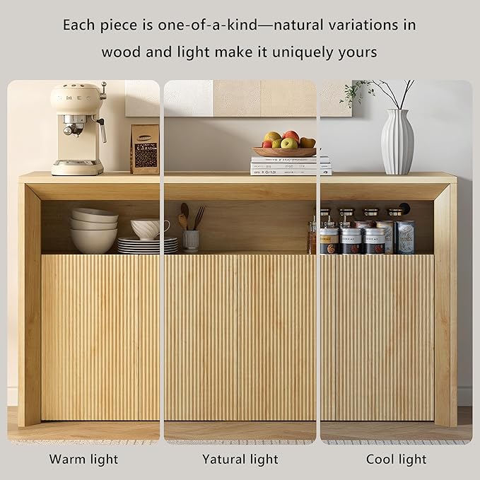 Feonase Buffet Cabinet with Storage & Led Lights, 66.2" Modern Sideboard Cabinet with 4 Doors & Shelves, Fluted Media Console Mid Century, Coffee Bar Table for Dining Room, Living Room, Kitchen, Oak