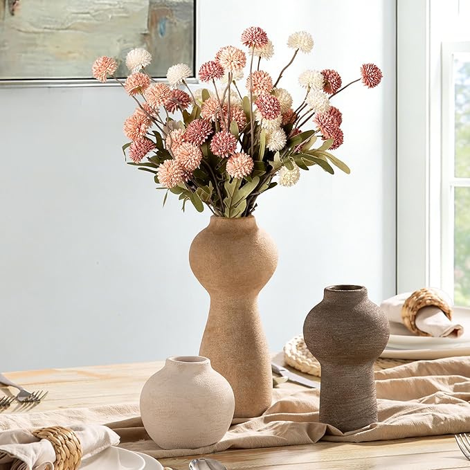 Ceramic Vase Home Table Decor - Flower Vase Set of 3 Living Room Kitchen Decorations Farmhouse Modern Rustic Vases Decorative Centerpiece for Shelf Bedroom Office Bathroom Dining Coffee Desk