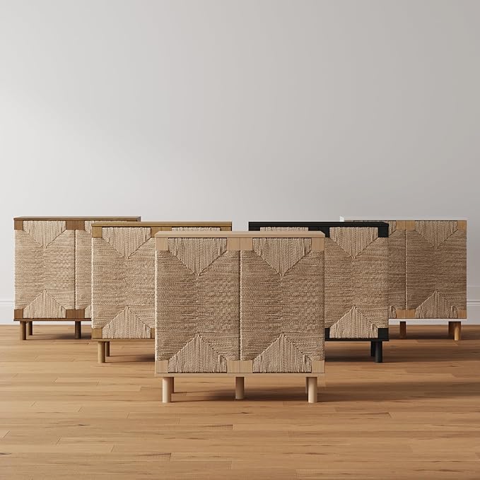 Nathan James Beacon Accent Natural Sideboard Storage Cabinet TV Stand in Wire-Brushed Wood with Adjustable Interior Shelf and Seagrass Doors, for Hallway, Entryway or Dining Room, Black, Set of 4