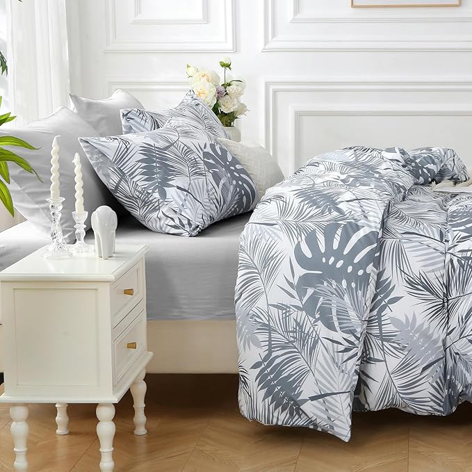 MUXHOMO Black&Grey Full Comforter Set, Elegant Floral Print Bed in a Bag 7 Pieces, Ultra Soft & Breathable Reversible Botanical Pattern Bedding Set with Comforter, Sheets, Pillowcases, and Shams
