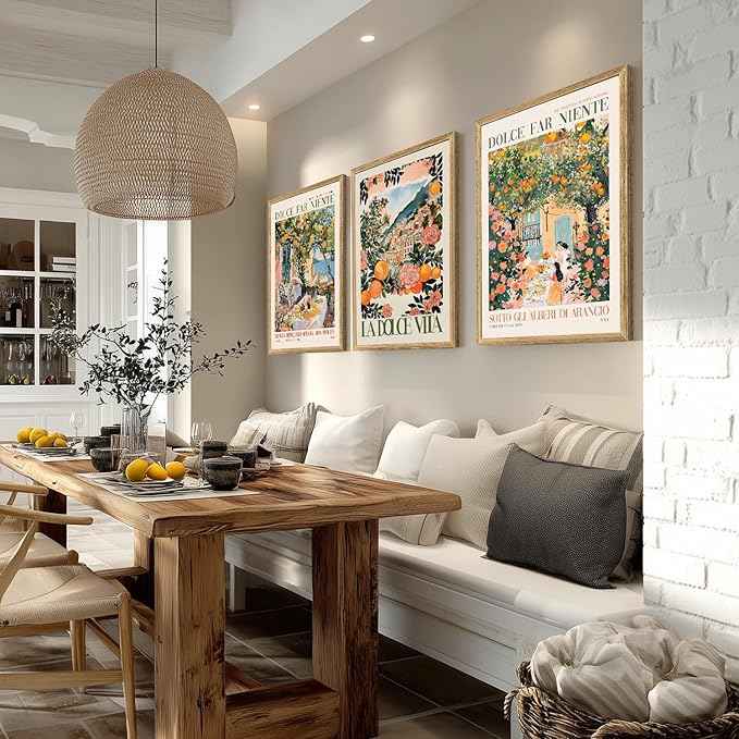 Cyebmo Italy Travel Wall Art set of 3, Trendy Amalfi Coast Wall Decor, Italian Food Canvas Painting, Vintage Italian City Poster Prints for Bedroom Dining Room Living Room Wood Framed 12"x16"x3