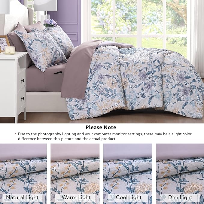CASAAGUSTO Full Comforter Set, 7 PCS Purple Iris Floral Comforter Set with Flowers Leaves Pattern, Soft Seersucker Design All Season Full Size Bedding Set(80"X90")