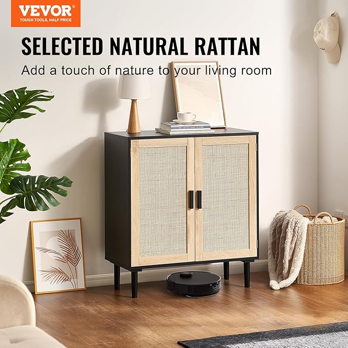 VEVOR Rattan Cabinet, Buffet Cabinet with Storage, Storage Cabinet with 2 Magnetic Doors and Adjustable Shelves, Sideboard Buffet for Hallway, Entryway, Living Room, or Kitchen, Black