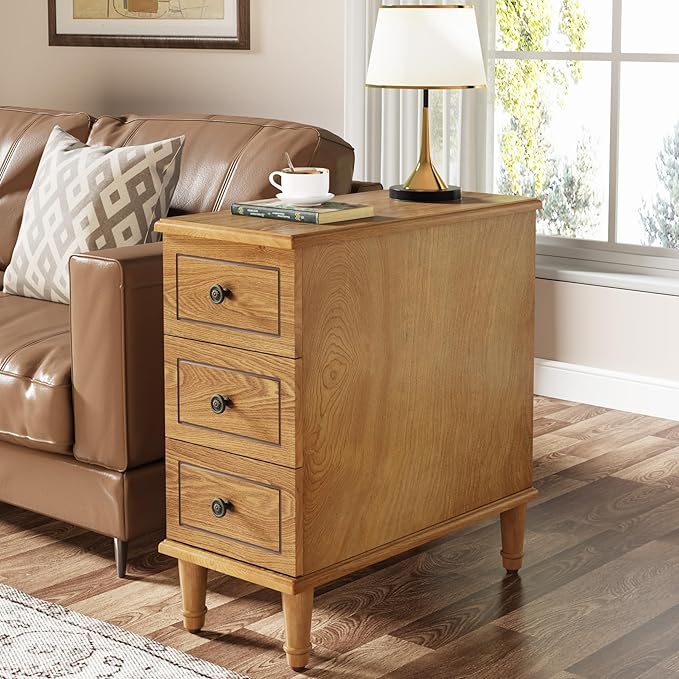 Tribesigns Solid Wood End Table, Fully Assembled Narrow Side Table with Drawers, Pre-Assembled Nightstand Slim Bedside Table for Small Spaces, Living Room, Bedroom, Wood