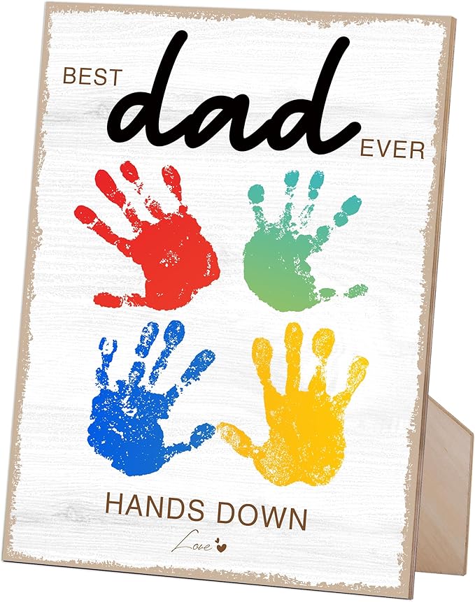 Hands Down Best Dad Ever Handprint Art Wooden Sign with Stand and Hook, DIY My 1st Father Day Crafts Keepsake, 9x12 Inch Personalized Gifts for Dad Daddy from Wife Daughter & Son