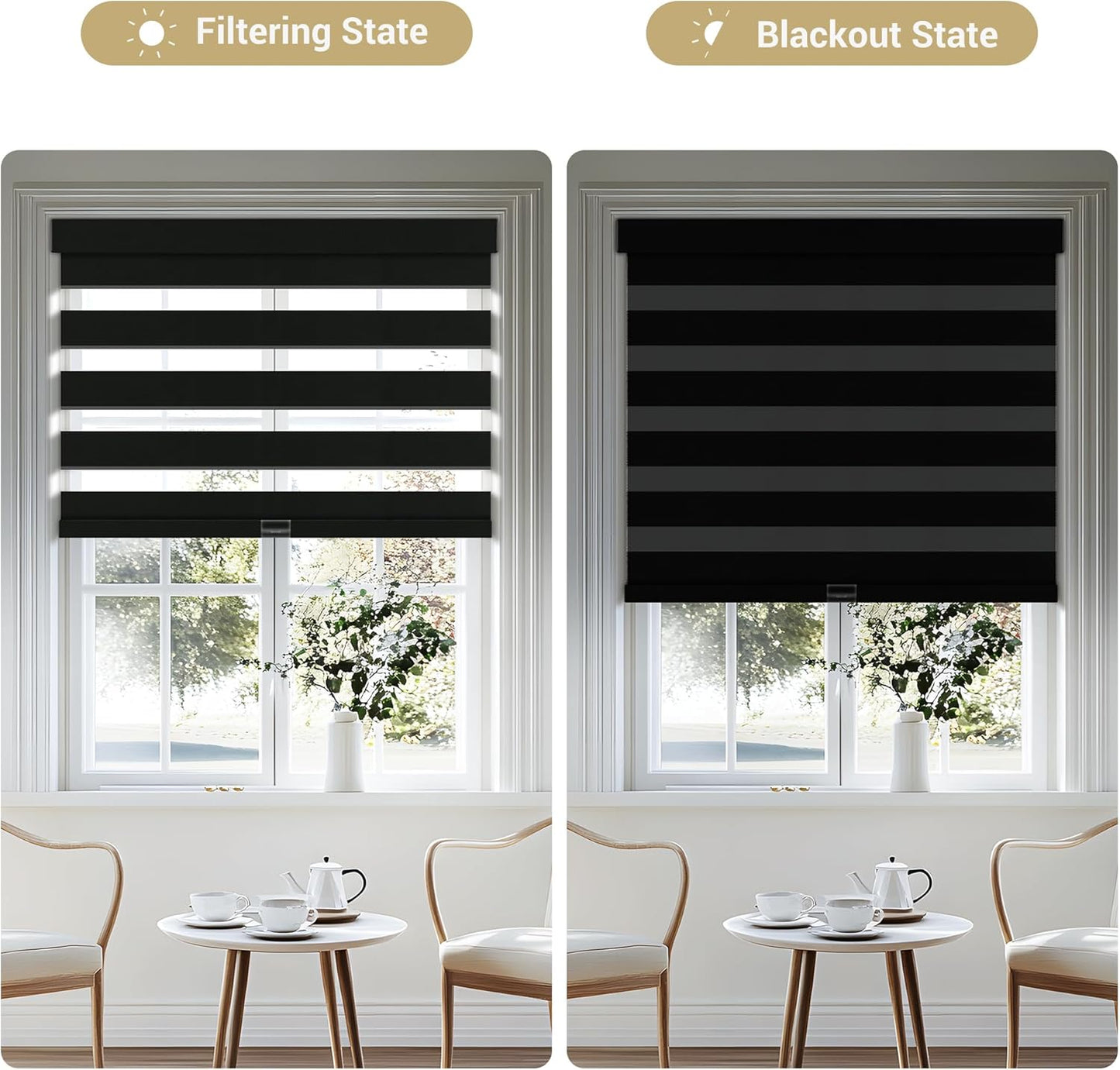 Cordless Zebra Blinds for Windows, Blackout Interior Blinds,Easy to Install,UV Protection,for Offices and Home,Custom Roller Shades, Solid Black, 14" W x 36" H